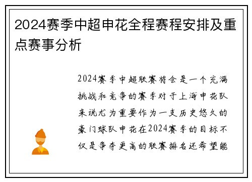 2024赛季中超申花全程赛程安排及重点赛事分析