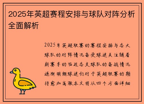 2025年英超赛程安排与球队对阵分析全面解析