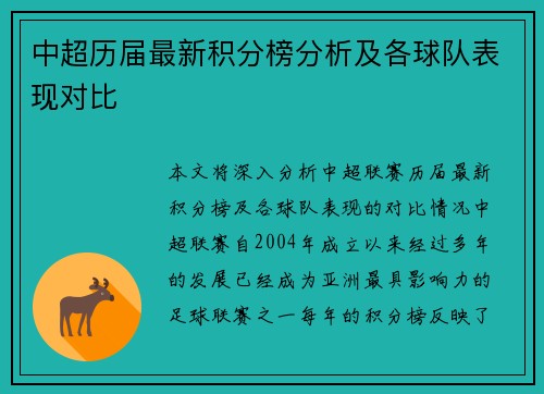 中超历届最新积分榜分析及各球队表现对比